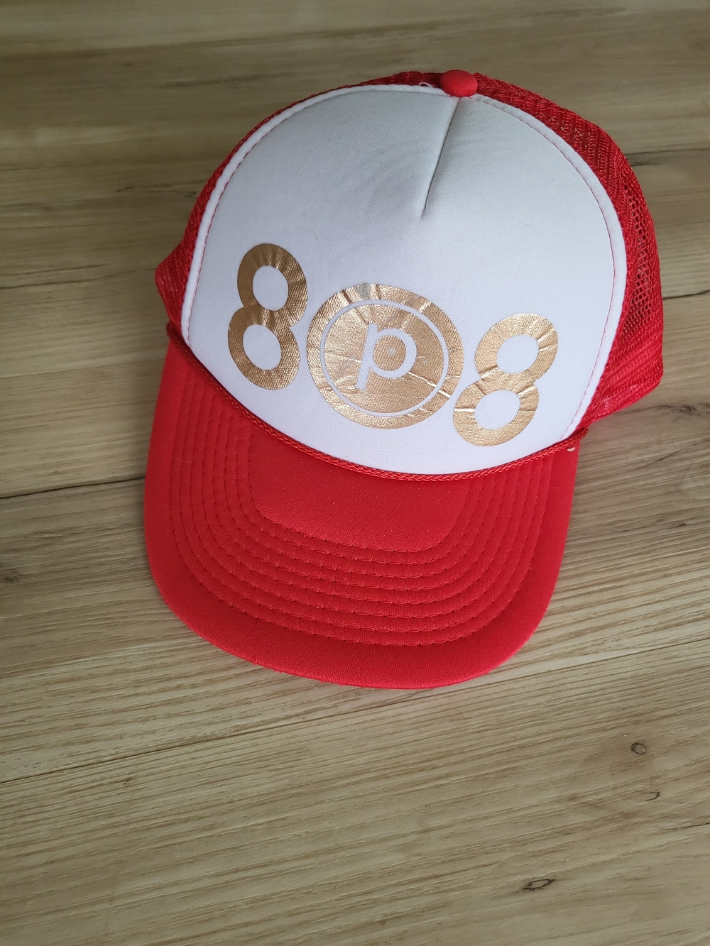 Red and White Trucker Hat with Gold '808' Logo